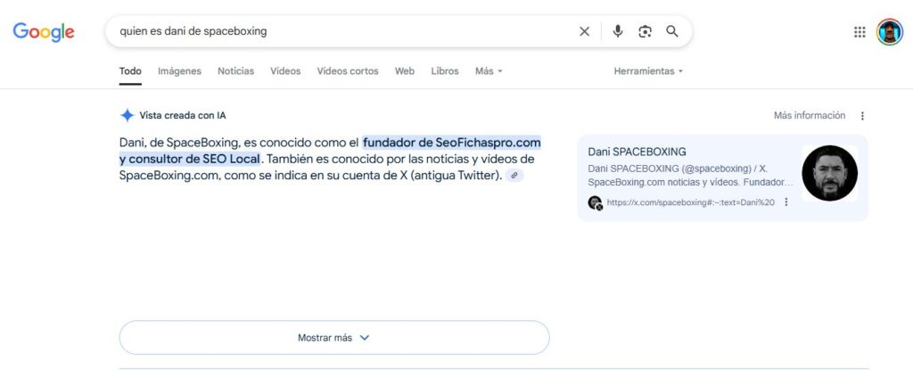 ejemplo de ia overview con pregunta de quien es dani de spaceboxing